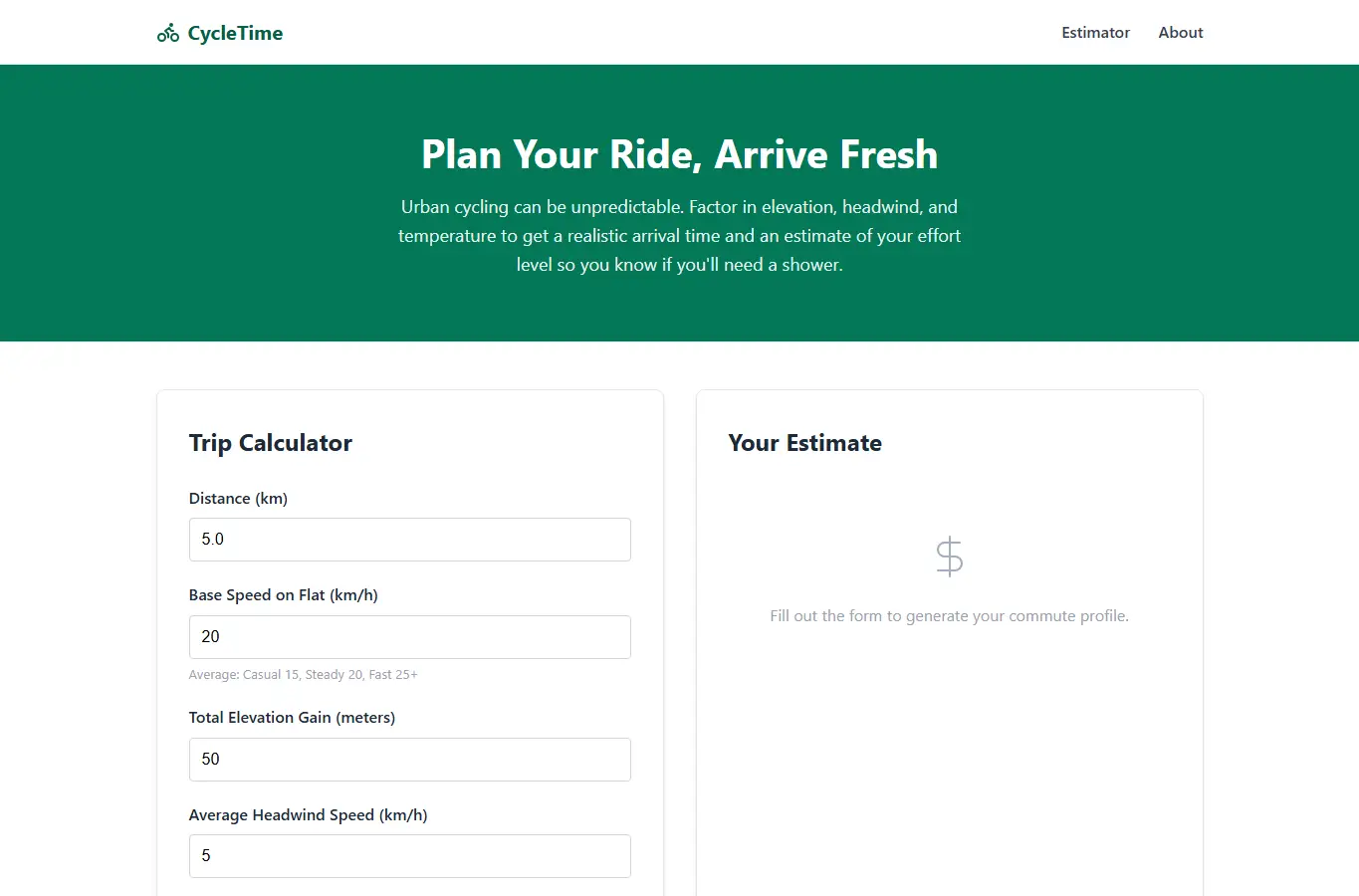 Screenshot of CycleTime: Arrival & Effort Planner interface showing the project page in use